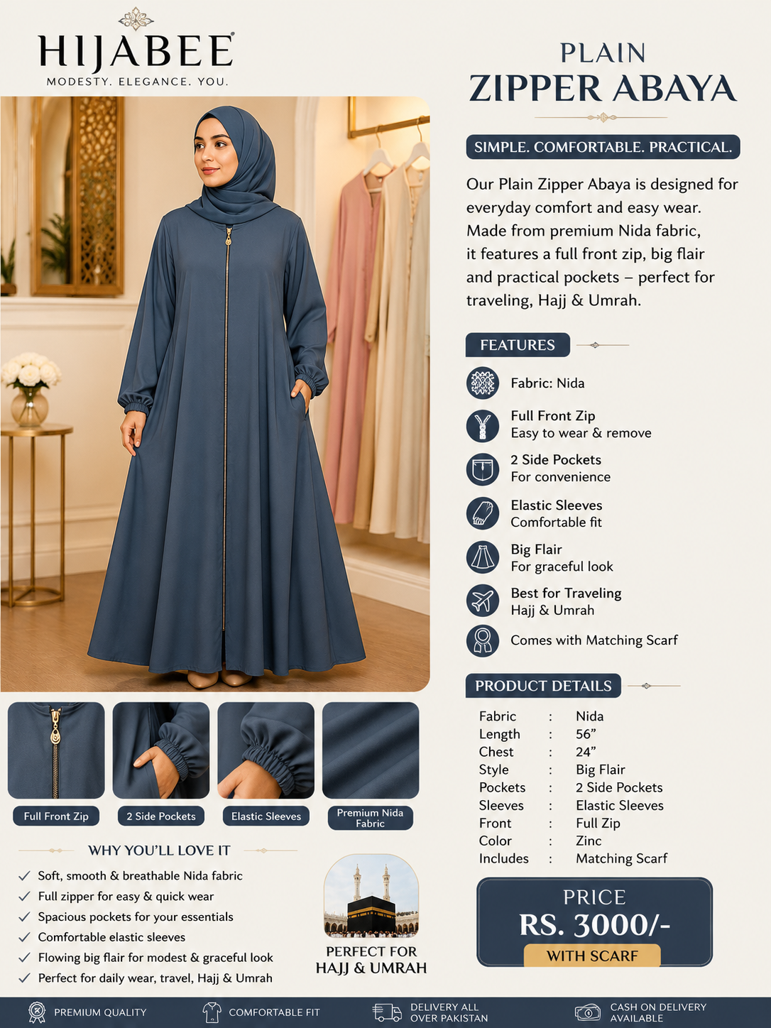 Plain Nida Zipper Abaya with Matching Scarf for women zinc blue color