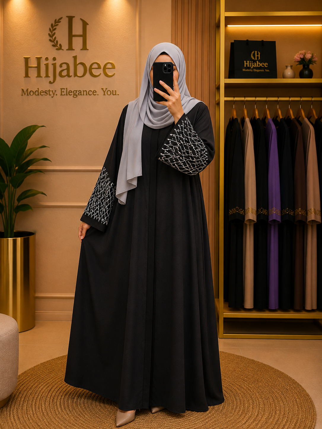 "Noor" Premium Nida Black Abaya | Embroidered Sleeves & Contrast Hijab