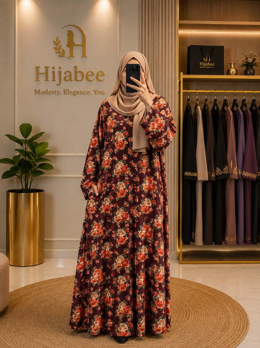 Maroon Floral Print Georgette Abaya with Matching Hijab | Hijabee