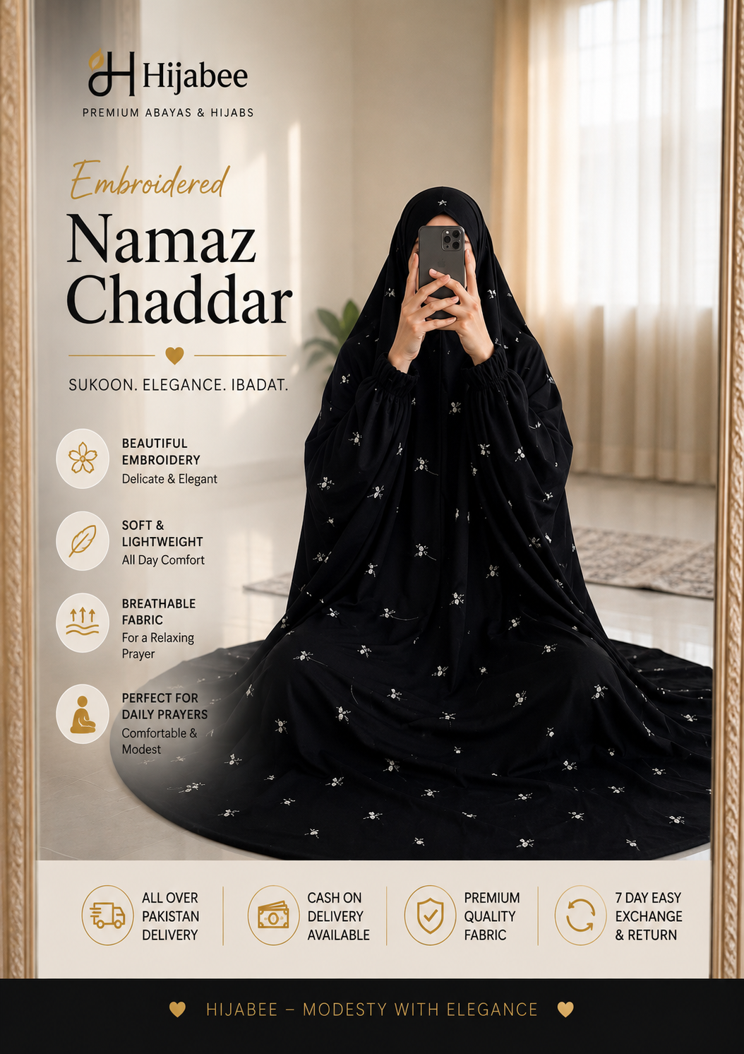 Embroidered Namaz Chaddar Black Color | Hijabee