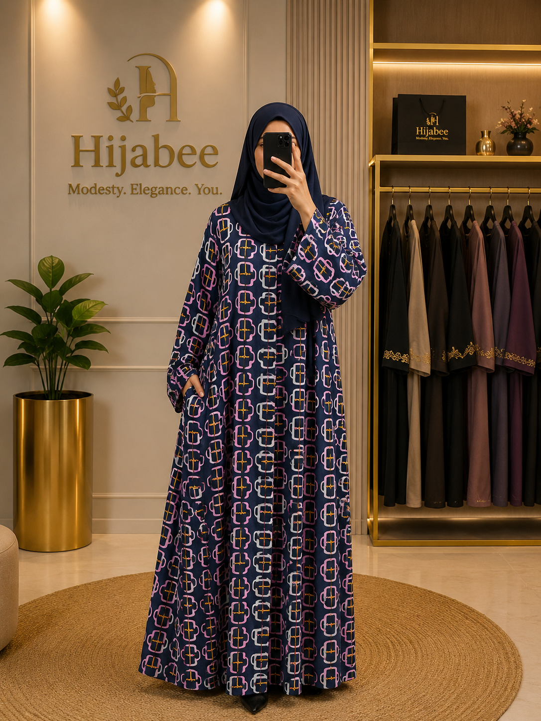 Navy Geometric Print Georgette Abaya with Matching Hijab | Hijabee