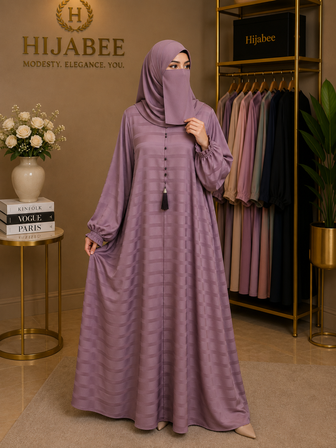 Nida Maxi Abaya with Attached Hijab – Front Close, Medium Flair