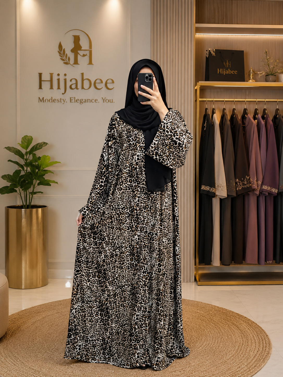 Black Leopard Print Georgette Abaya with Matching Hijab | Hijabee